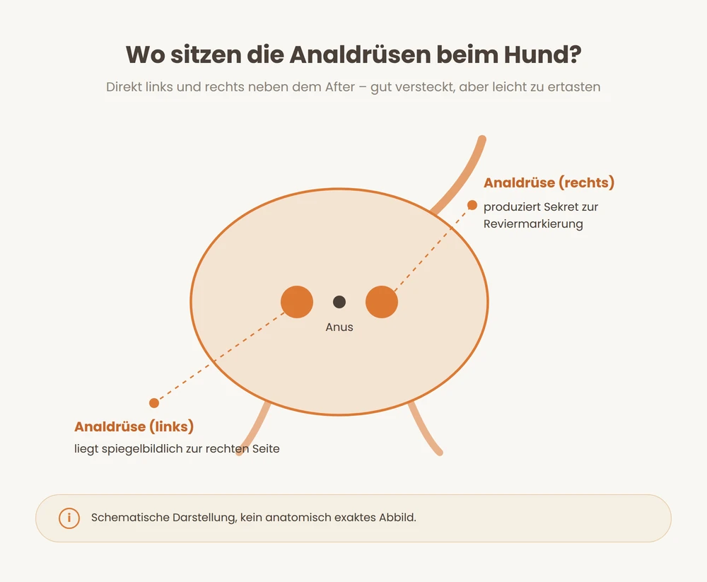 Infografik zur Lage der Analdrüsen beim Hund: links und rechts spiegelbildlich neben dem After
