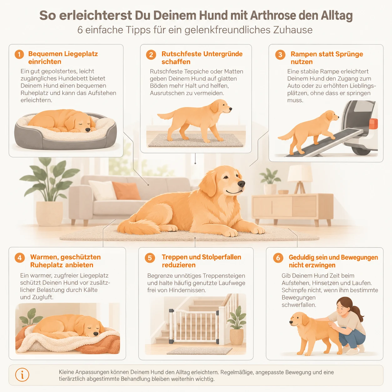 Infografik: sechs Tipps für den Alltag mit Arthrose beim Hund, vom bequemen Liegeplatz über rutschfeste Böden und Rampen bis zu weniger Treppen und viel Geduld