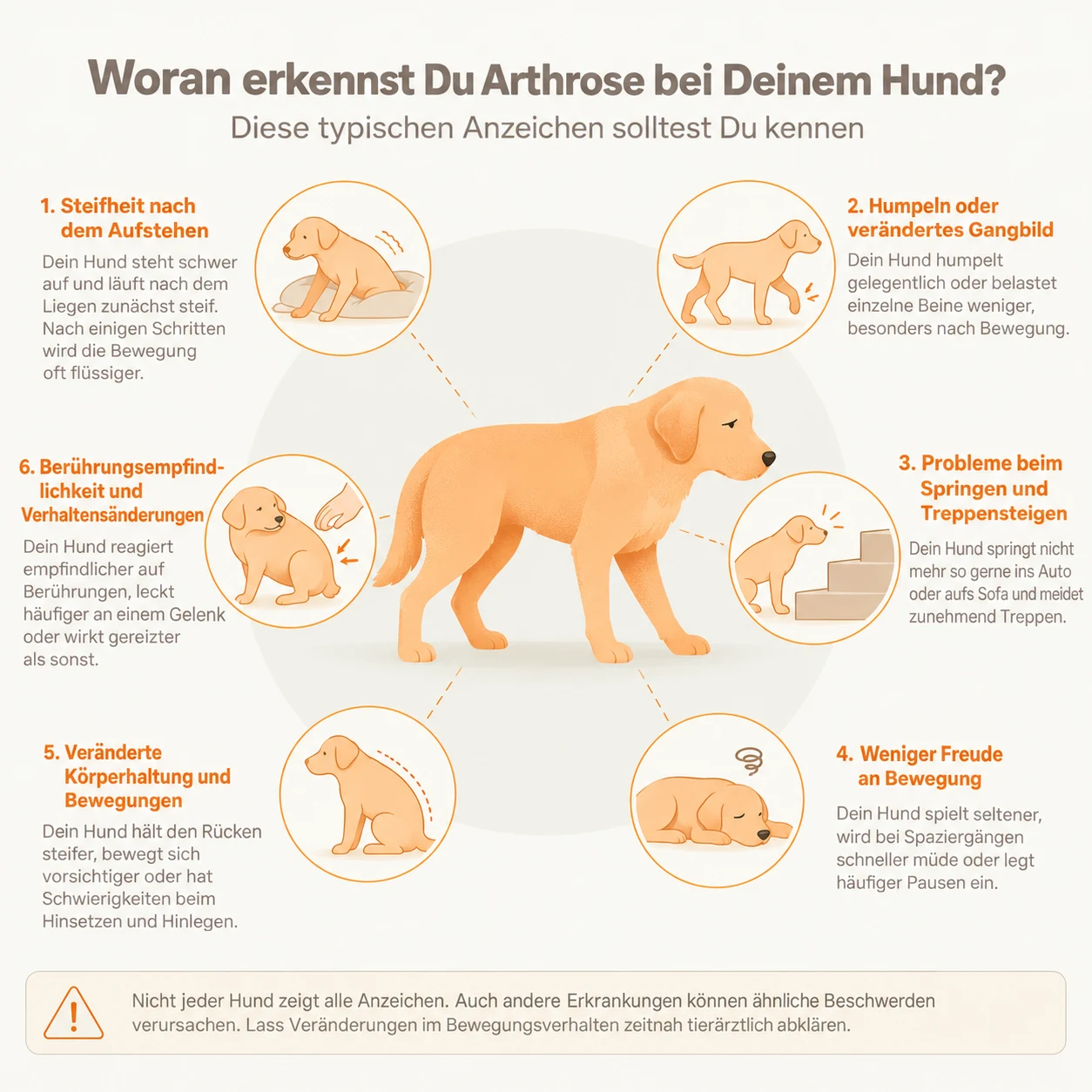 Infografik: sechs typische Anzeichen von Arthrose beim Hund, von Steifheit nach dem Aufstehen und Humpeln über Probleme beim Springen und Treppensteigen bis zu Berührungsempfindlichkeit