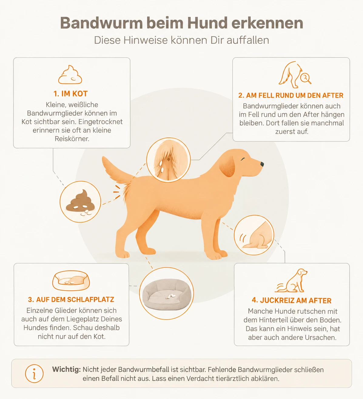 Infografik zu Bandwurm-Anzeichen beim Hund: Bandwurmglieder im Kot, am Fell rund um den After, auf dem Schlafplatz und Juckreiz am After erkennen.