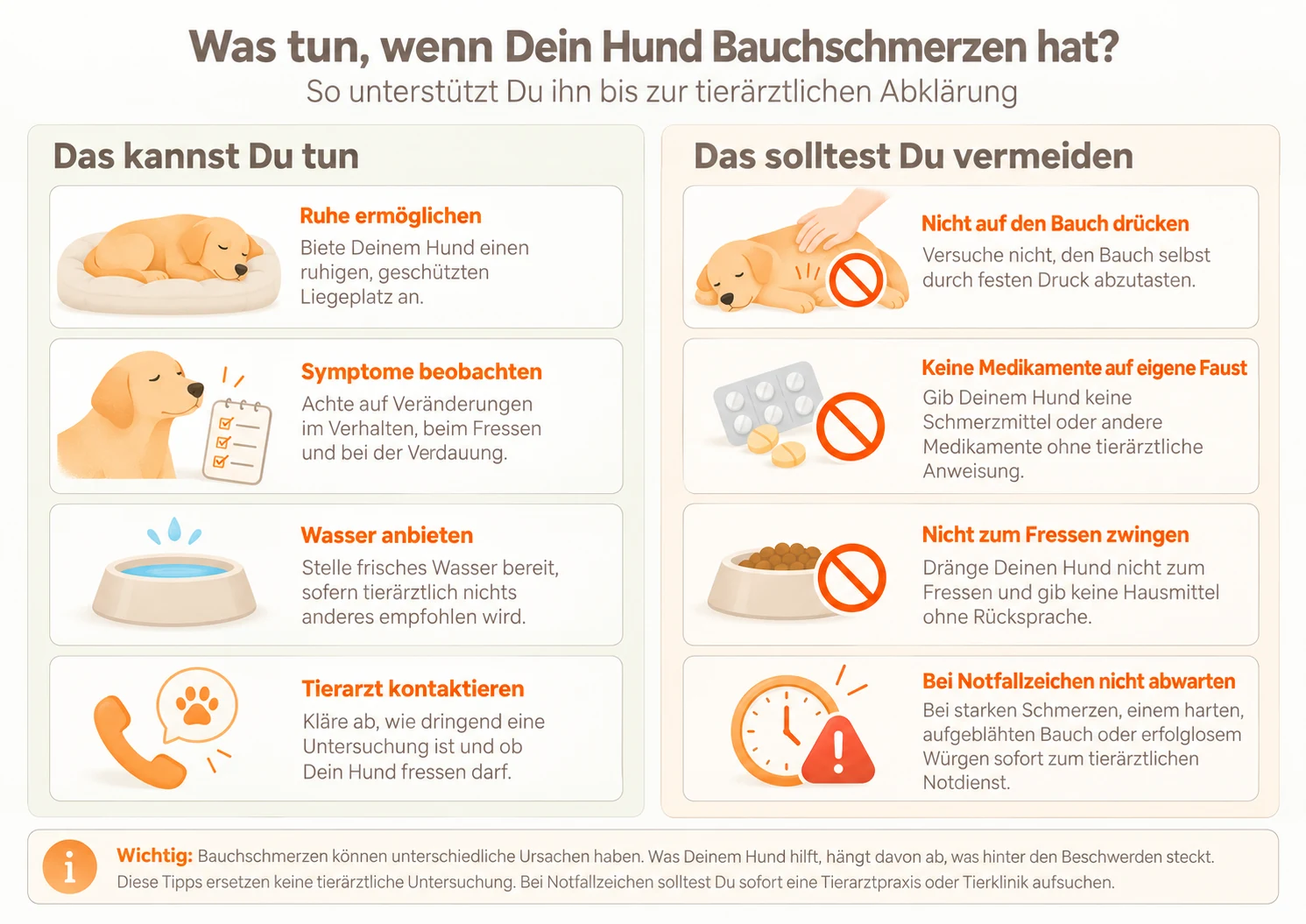Infografik: Was Du bei Bauchschmerzen Deines Hundes tun kannst und was Du bis zur tierärztlichen Abklärung vermeiden solltest