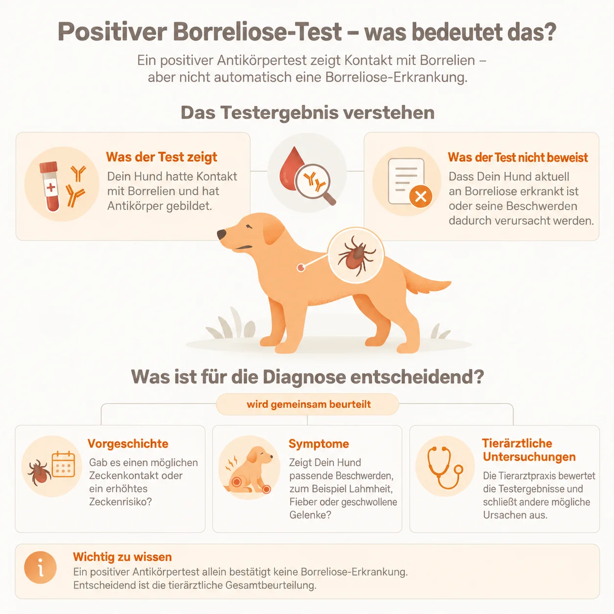 Infografik: Was ein positiver Borreliose-Test beim Hund zeigt und warum Vorgeschichte, Symptome und Untersuchung gemeinsam beurteilt werden