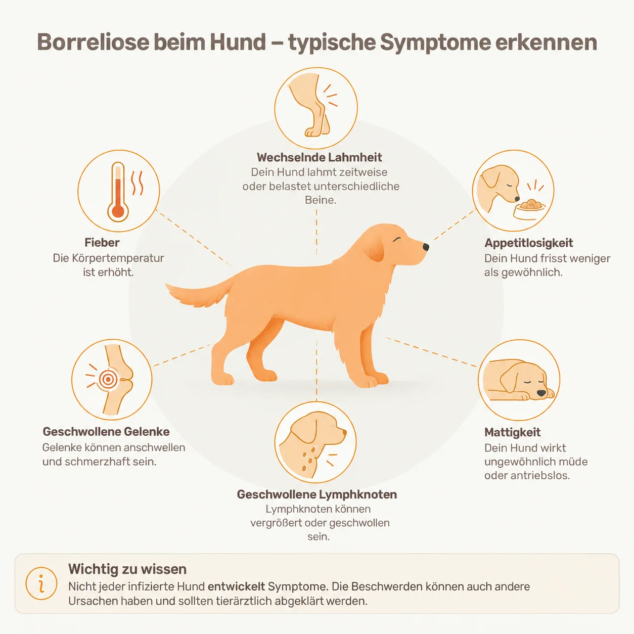 Infografik: Typische Symptome von Borreliose beim Hund – wechselnde Lahmheit, Fieber, Appetitlosigkeit, geschwollene Gelenke und Lymphknoten, Mattigkeit