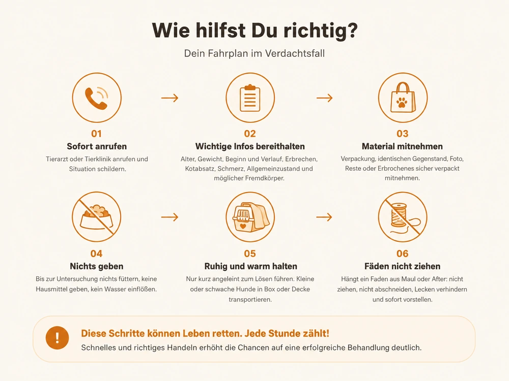 Infografik mit sechs Schritten für den richtigen Umgang bei Verdacht auf einen Darmverschluss beim Hund