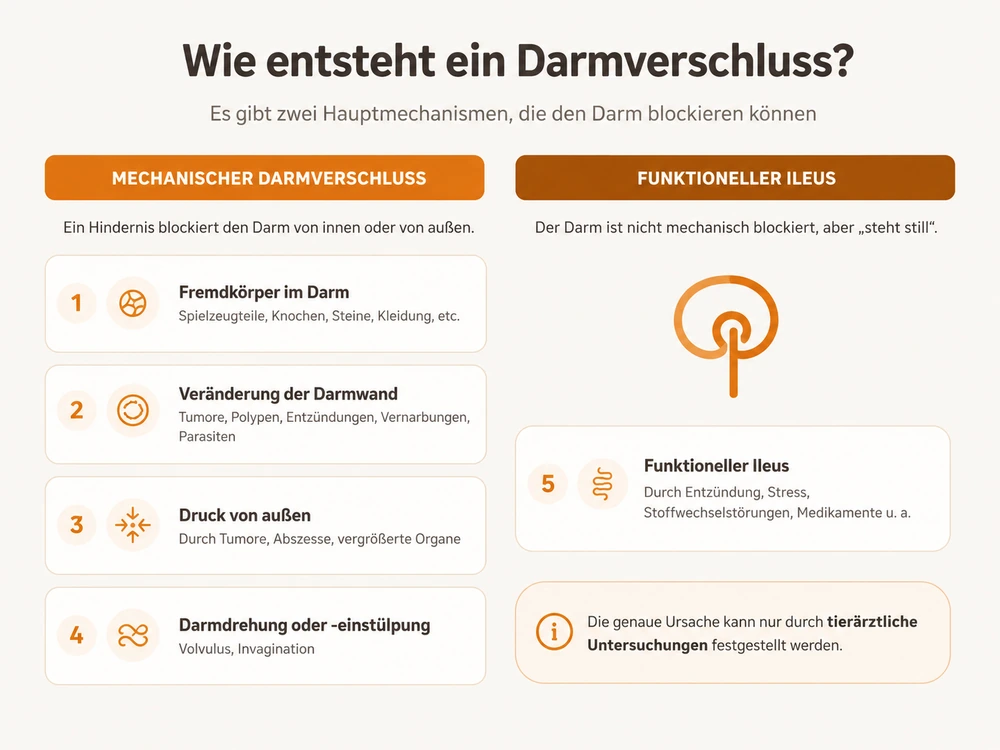 Infografik zu Ursachen eines Darmverschlusses beim Hund, mechanische Blockade und funktioneller Ileus im Vergleich