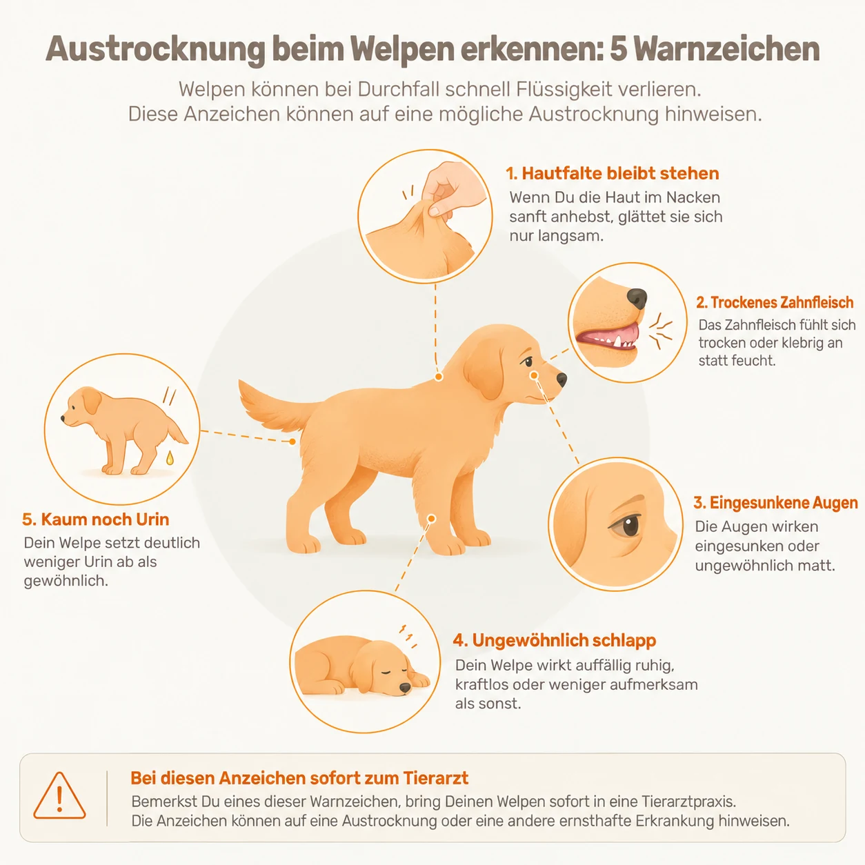 Infografik: Austrocknung beim Welpen erkennen an fünf Warnzeichen, stehende Hautfalte, trockenes Zahnfleisch, eingesunkene Augen, Schlappheit und wenig Urin