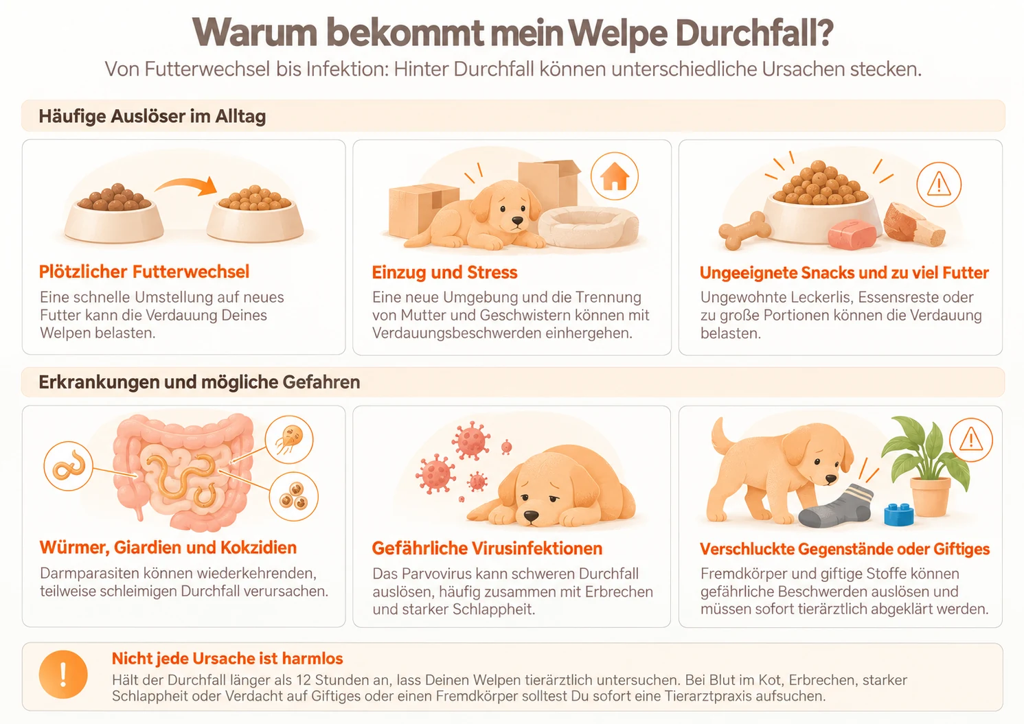 Infografik: Mögliche Ursachen für Durchfall beim Welpen, von Futterwechsel, Einzug und ungeeigneten Snacks bis zu Darmparasiten, Parvovirus und verschluckten Gegenständen
