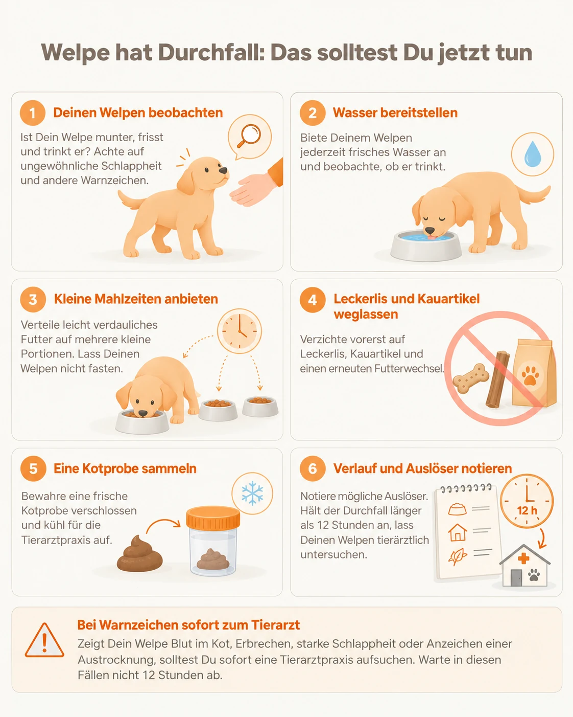 Infografik: Welpe hat Durchfall, was tun? Sechs Schritte von Beobachten und Wasser bereitstellen über kleine Mahlzeiten bis zur Kotprobe und zum Notieren der Auslöser