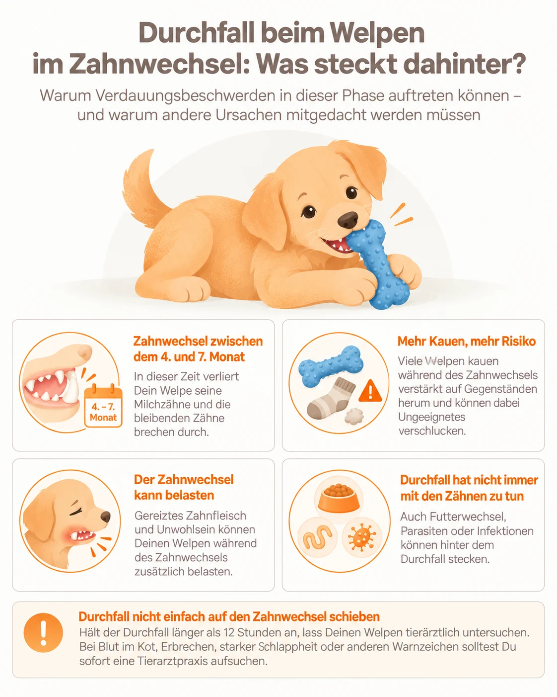 Infografik: Durchfall beim Welpen im Zahnwechsel zwischen dem 4. und 7. Monat, mögliche Gründe wie vermehrtes Kauen und gereiztes Zahnfleisch sowie andere Ursachen