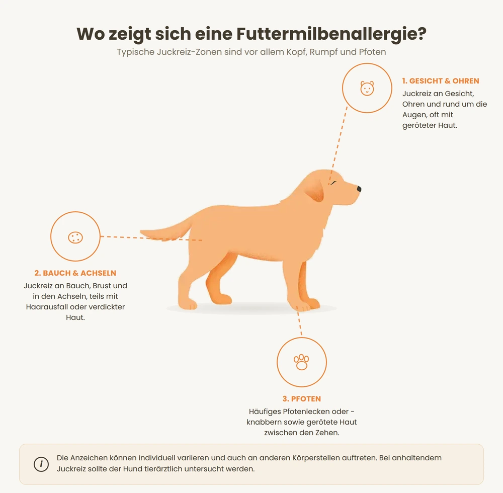 Infografik zu einer Futtermilbenallergie beim Hund: Juckreiz zeigt sich vor allem an Gesicht, Bauch und Pfoten.