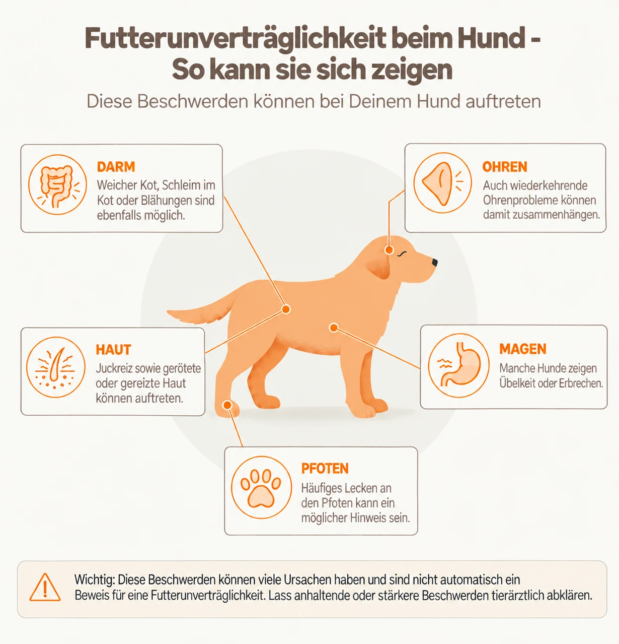 Infografik zu möglichen Anzeichen einer Futterunverträglichkeit beim Hund: Beschwerden an Darm, Ohren, Haut, Magen und Pfoten wie weicher Kot, Juckreiz, Erbrechen und häufiges Pfotenlecken.