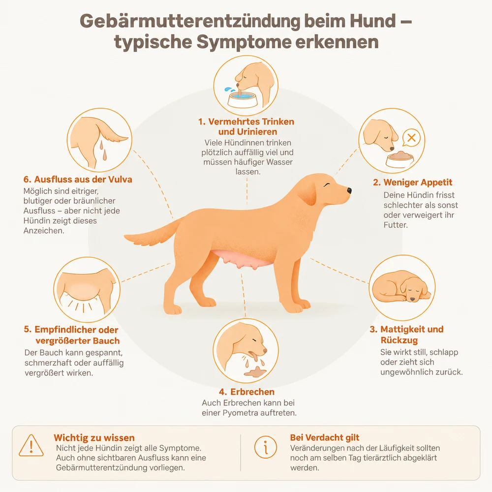 Infografik: Typische Symptome einer Gebärmutterentzündung beim Hund – vermehrtes Trinken, weniger Appetit, Mattigkeit, Erbrechen, empfindlicher Bauch, Ausfluss