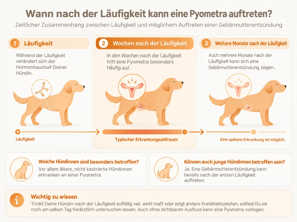 Infografik: Wann eine Gebärmutterentzündung beim Hund nach der Läufigkeit auftreten kann, vor allem in den Wochen danach, aber auch Monate später