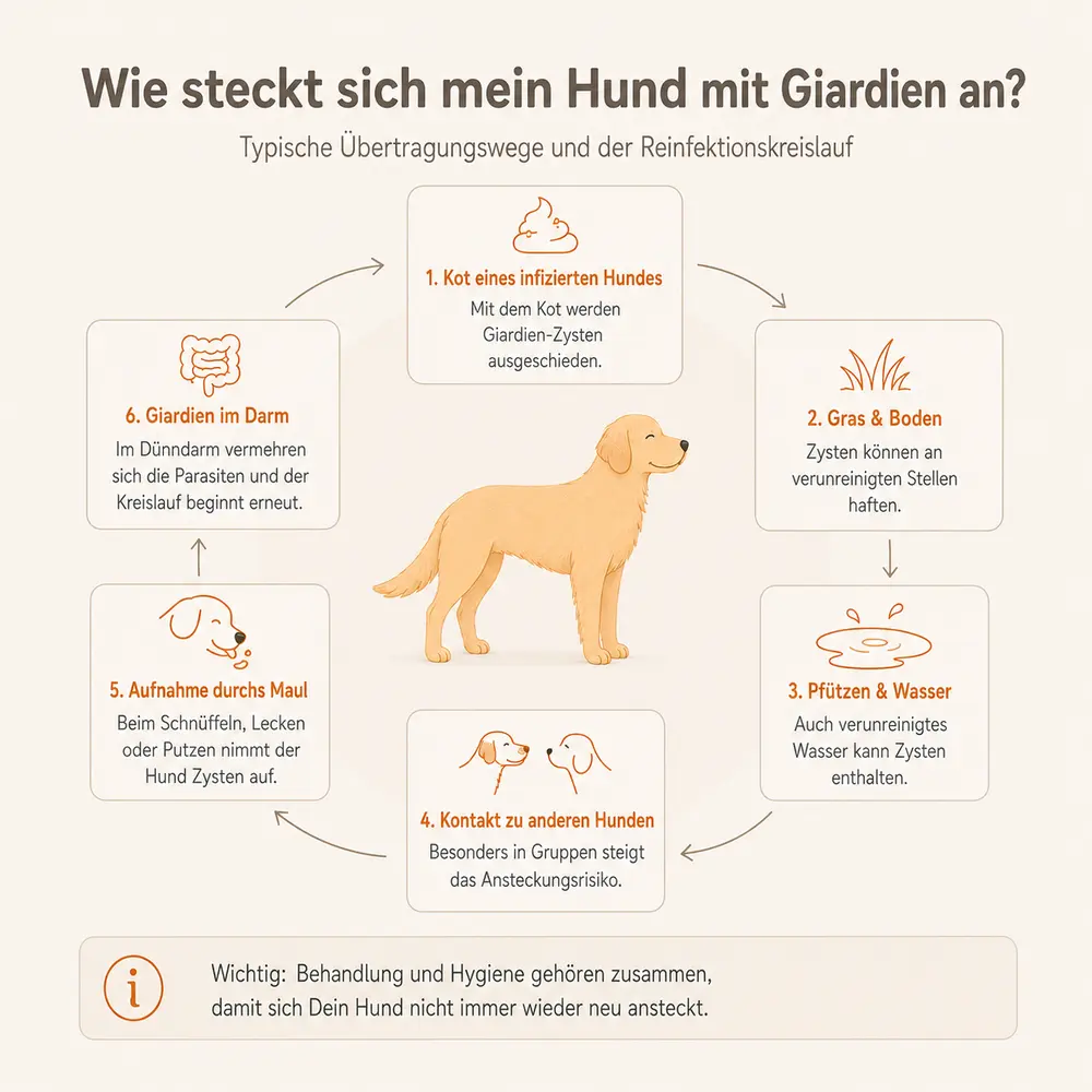 Kreisdiagramm zu Übertragungswegen von Giardien beim Hund: Kot, Gras und Boden, Pfützen, Hundekontakt, orale Aufnahme, Vermehrung im Darm