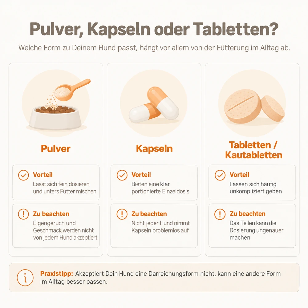 Infografik: Vergleich von Pulver, Kapseln und Tabletten mit Grünlippmuschel für Hunde – Vorteile und Punkte zum Beachten je Darreichungsform.
