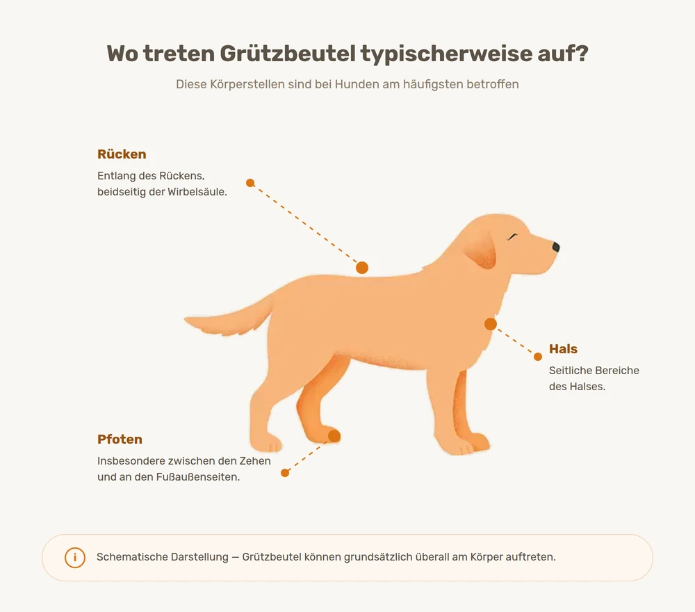 Infografik zu den Körperstellen, an denen ein Grützbeutel beim Hund typischerweise auftritt: Hals, Rücken und Pfoten