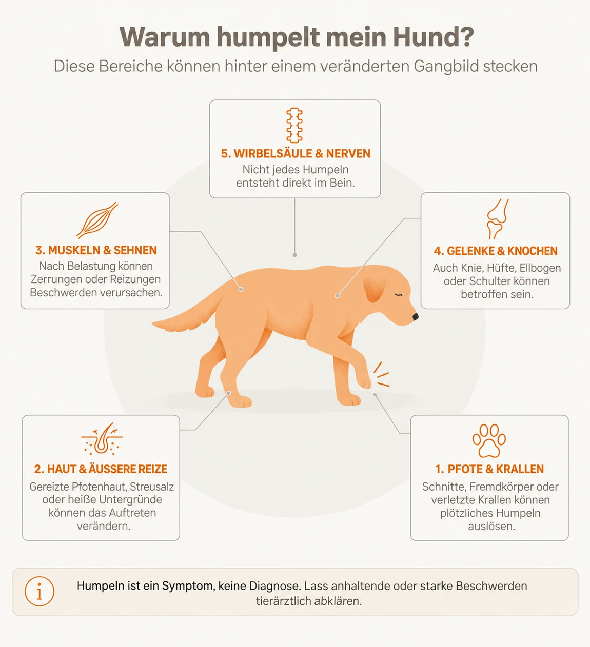 Infografik: Mögliche Ursachen für Humpeln beim Hund – Pfote und Krallen, Haut, Muskeln und Sehnen, Gelenke und Knochen, Wirbelsäule und Nerven