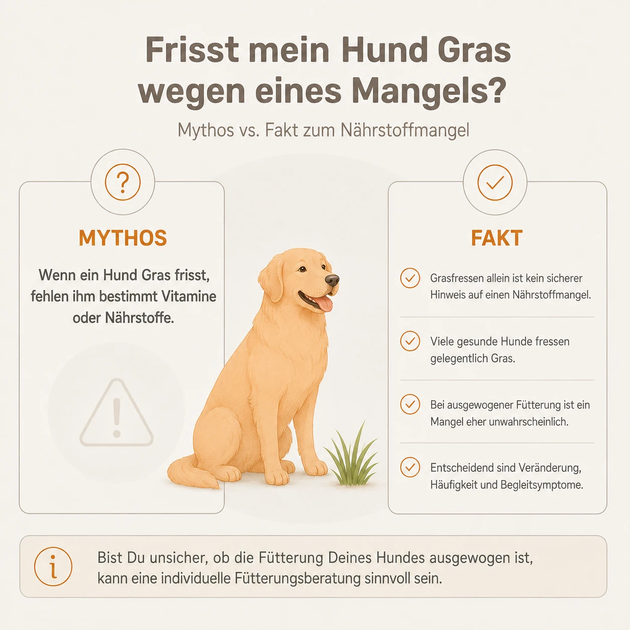 Infografik Mythos versus Fakt: Grasfressen allein ist kein zuverlässiger Hinweis auf einen Vitamin- oder Nährstoffmangel bei Hunden.