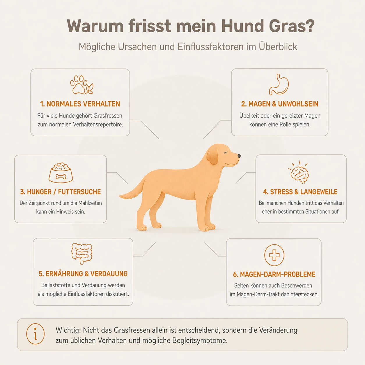 Infografik zu möglichen Ursachen fürs Grasfressen beim Hund: normales Verhalten, Magen & Unwohlsein, Hunger, Stress & Langeweile, Ernährung & Verdauung sowie Magen-Darm-Probleme.