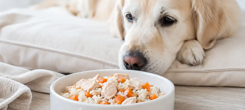 Golden Retriever liegt auf einem Kissen und schaut nachdenklich auf einen Napf mit Schonkost aus Reis, Huhn und Karotten.