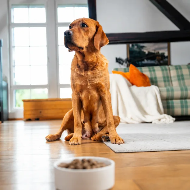 Hund sitzt vor einem Futternapf