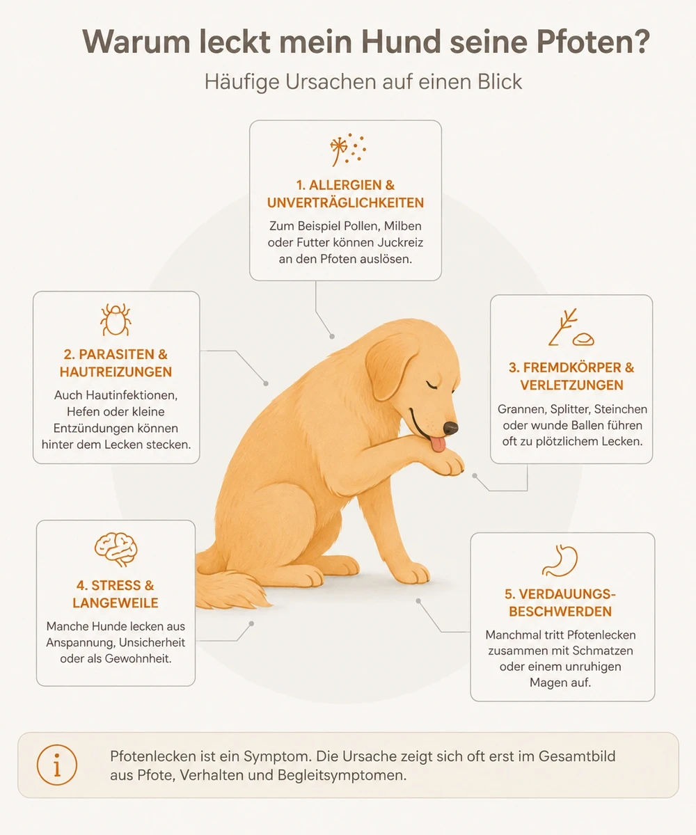 Infografik: Ursachen für Pfotenlecken beim Hund – Allergien, Parasiten, Fremdkörper, Stress und Verdauungsbeschwerden