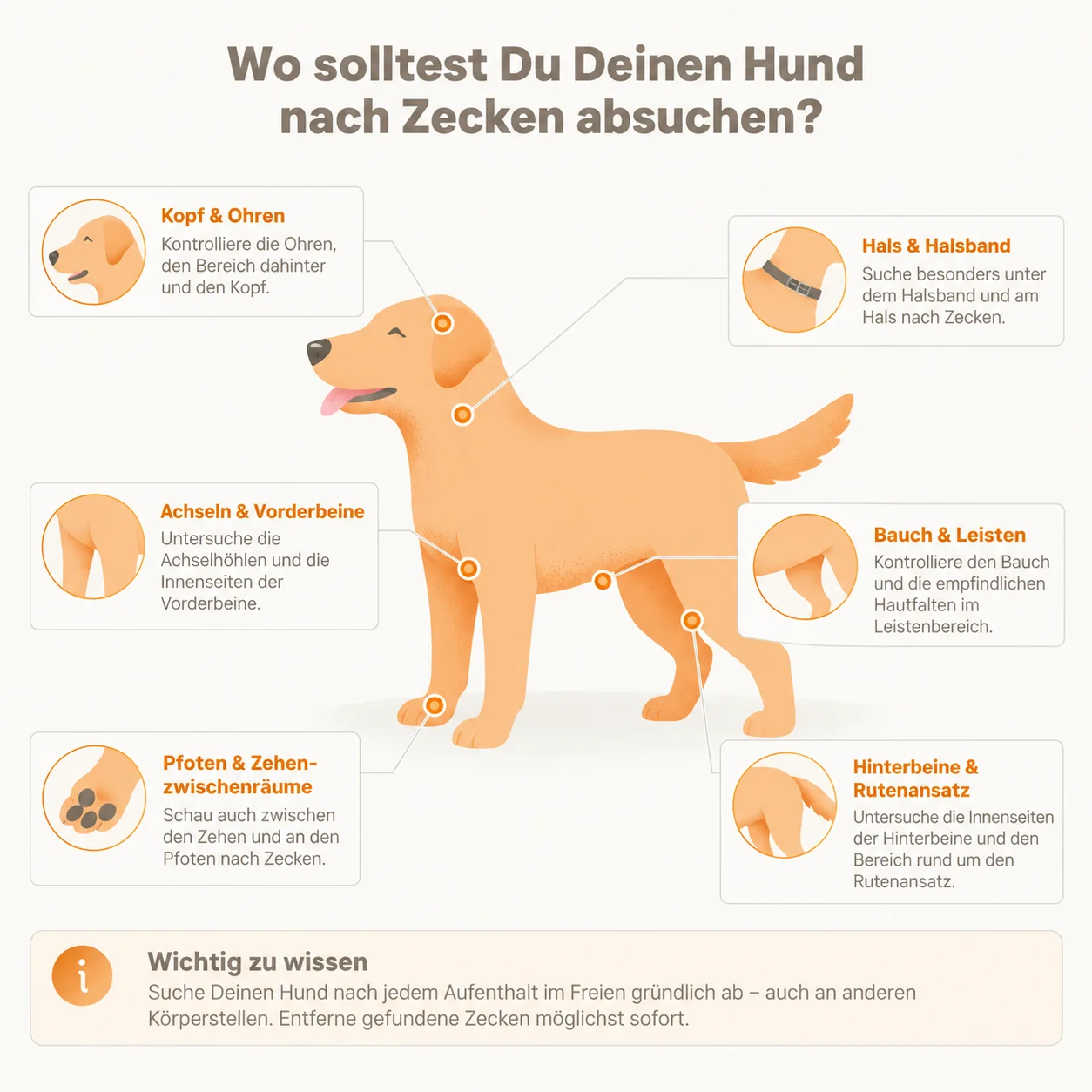 Infografik: Körperstellen, an denen Du Deinen Hund nach Zecken absuchen solltest – Kopf, Ohren, Hals, Achseln, Bauch, Leisten, Pfoten und Rutenansatz