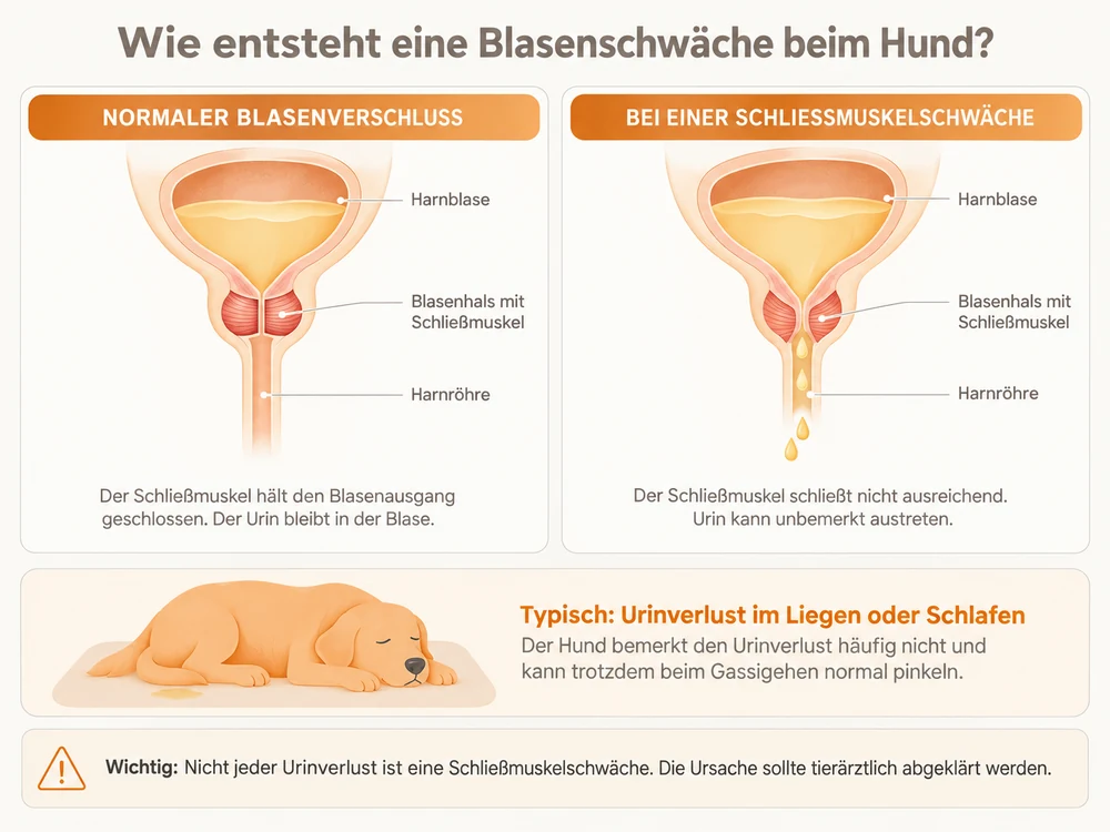 Infografik: normaler Blasenverschluss und Schließmuskelschwäche im Vergleich – so entsteht Inkontinenz beim Hund