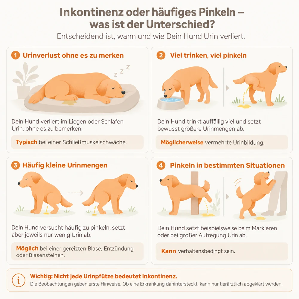Infografik: Inkontinenz beim Hund oder häufiges Pinkeln – Urinverlust im Schlaf, viel trinken, kleine Mengen, Markieren
