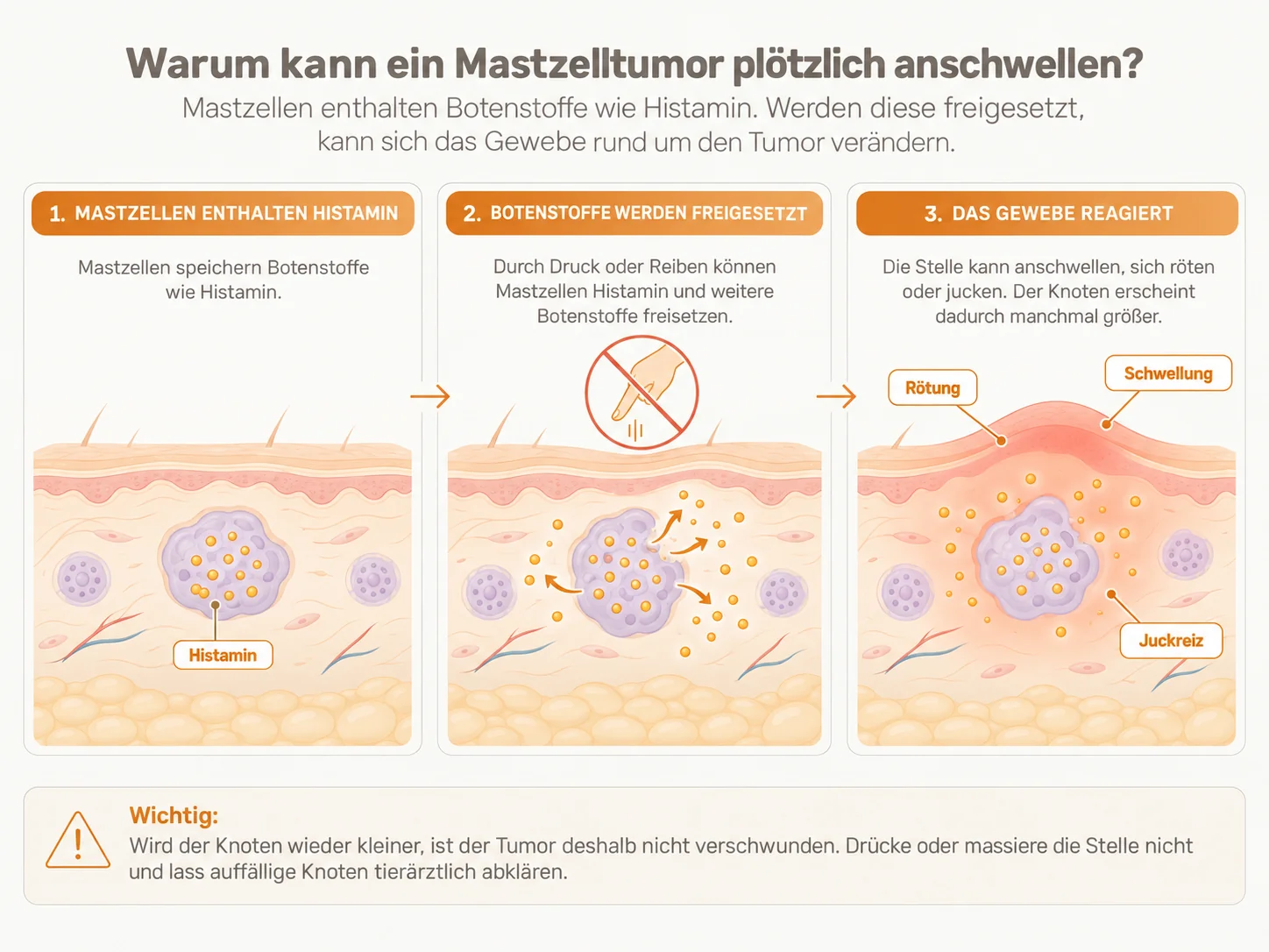 Infografik: Warum ein Mastzelltumor beim Hund anschwellen kann – bei Druck setzen Mastzellen Histamin frei, die Haut rötet sich und schwillt an