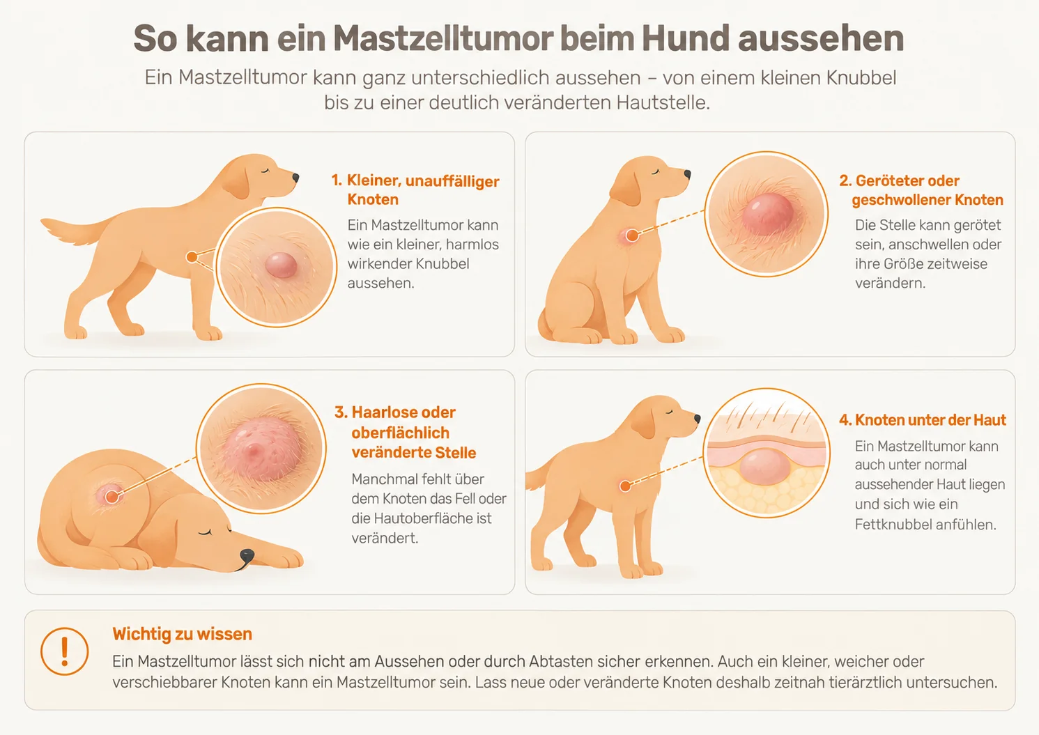 Infografik: So kann ein Mastzelltumor beim Hund aussehen – kleiner Knoten, geröteter Knoten, haarlose Stelle und Knoten unter der Haut