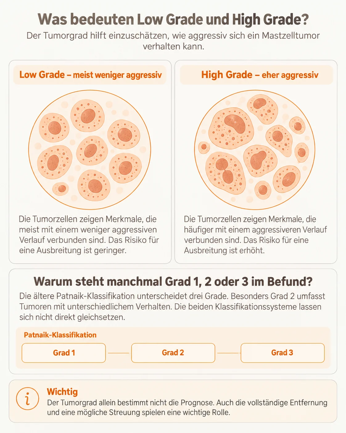 Infografik: Low Grade und High Grade beim Mastzelltumor des Hundes im Vergleich, dazu die dreistufige Einteilung nach Patnaik