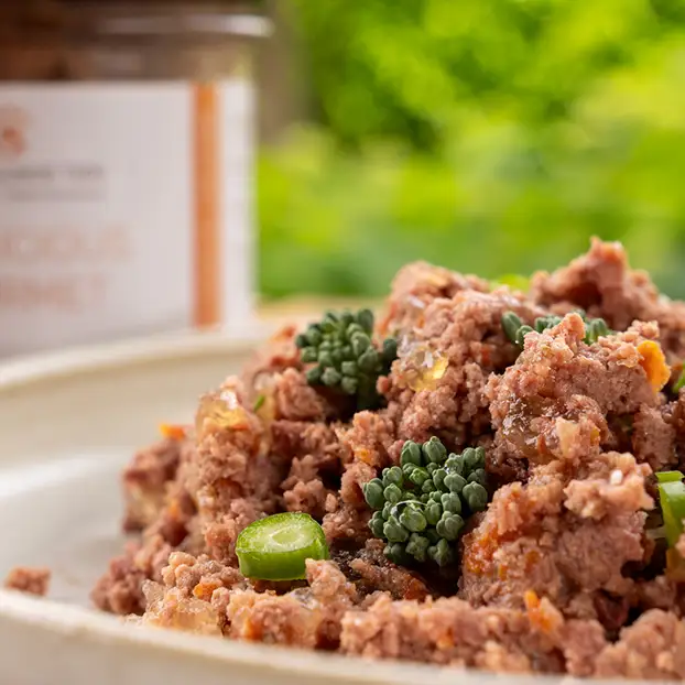 Nahaufnahme von Nassfutter für Hunde mit Zutaten für eine bekömmliche Rezeptur