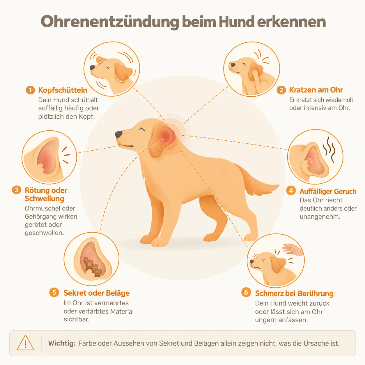 Übersicht der sechs häufigsten Symptome einer Ohrenentzündung beim Hund.