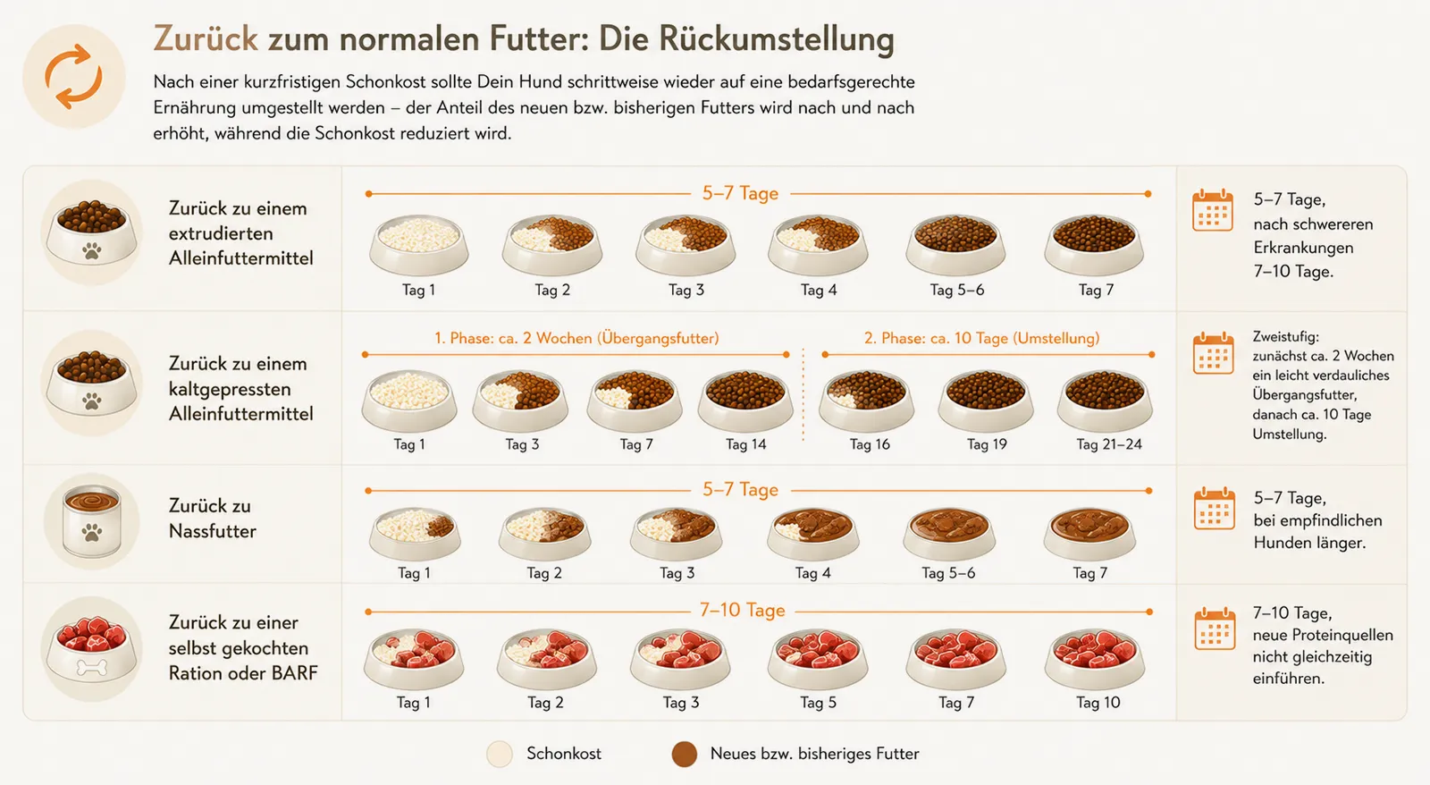 Grafik zur schrittweisen Rückumstellung von Schonkost auf Trocken-, Nass- oder Rohfutter mit Tagesangaben je Fütterungsart.