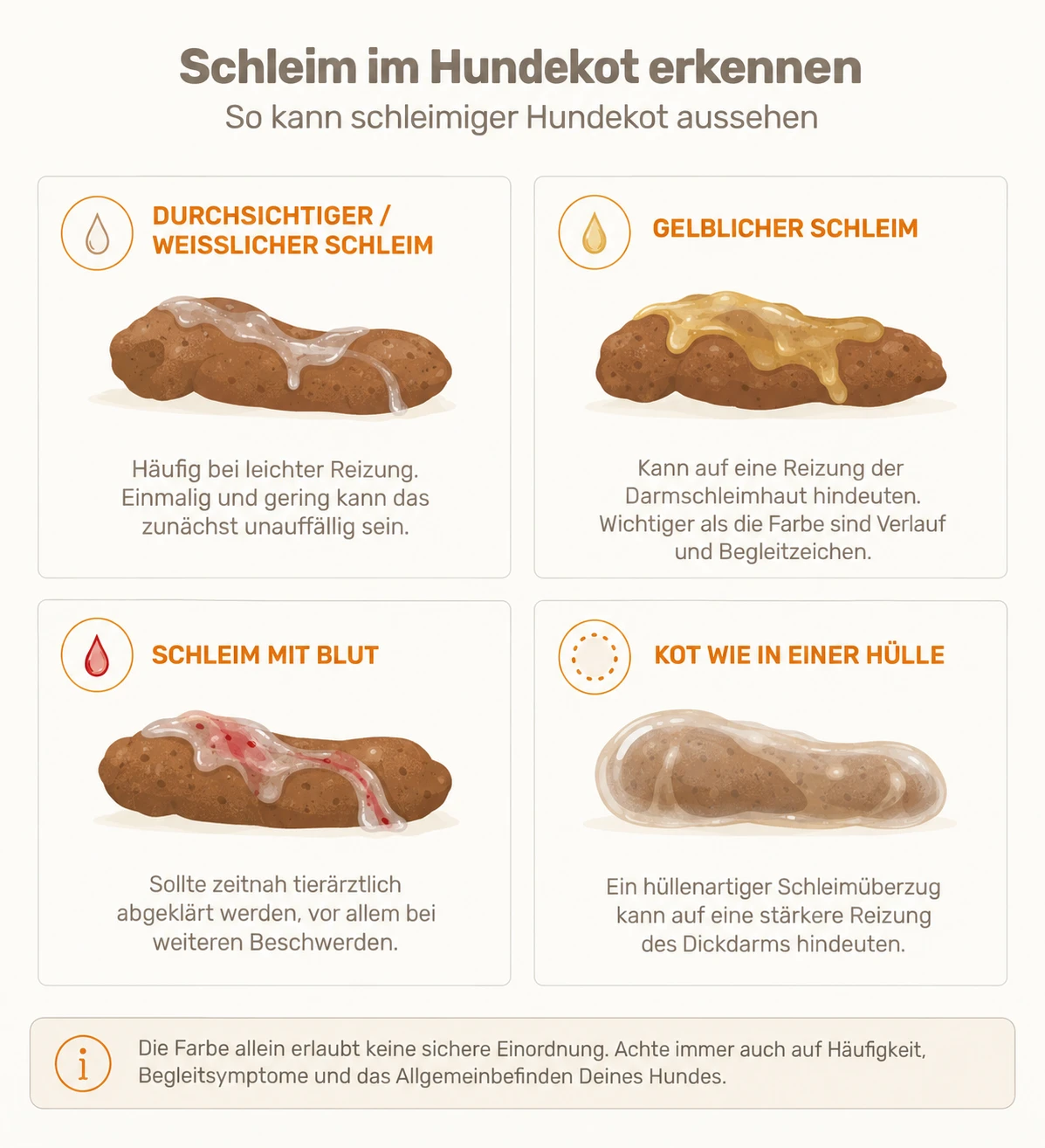 Vier Erscheinungsbilder von Schleim im Hundekot: durchsichtig/weißlich, gelblich, mit Blut, hüllenartig