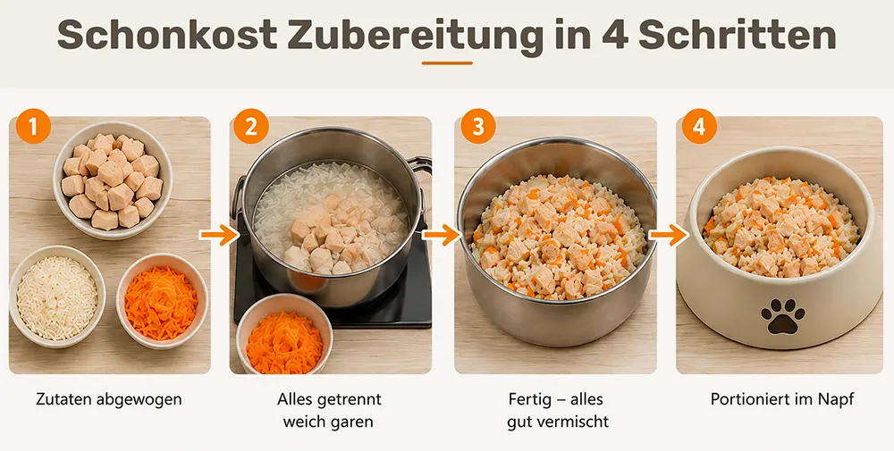 Vierteilige Grafik zur Zubereitung von Hunde-Schonkost: Zutaten abwiegen, getrennt garen, vermischen und im Napf portionieren.