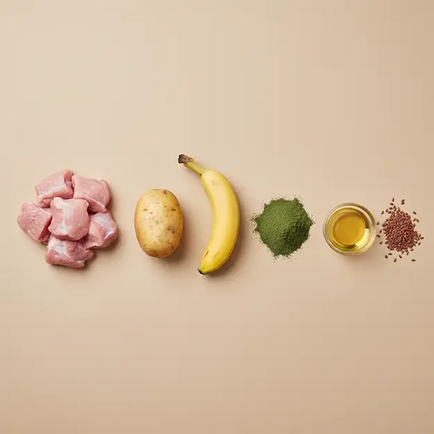 Ausgewählte Zutaten von SKIN: Fleisch, Kartoffel, Banane, pflanzliches Pulver, Öl und Leinsamen.