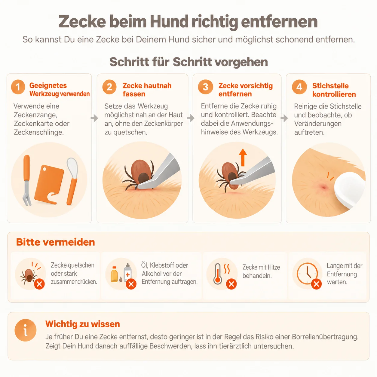 Infografik: Zecke beim Hund richtig entfernen in vier Schritten – Werkzeug wählen, hautnah fassen, vorsichtig herausziehen, Stichstelle kontrollieren