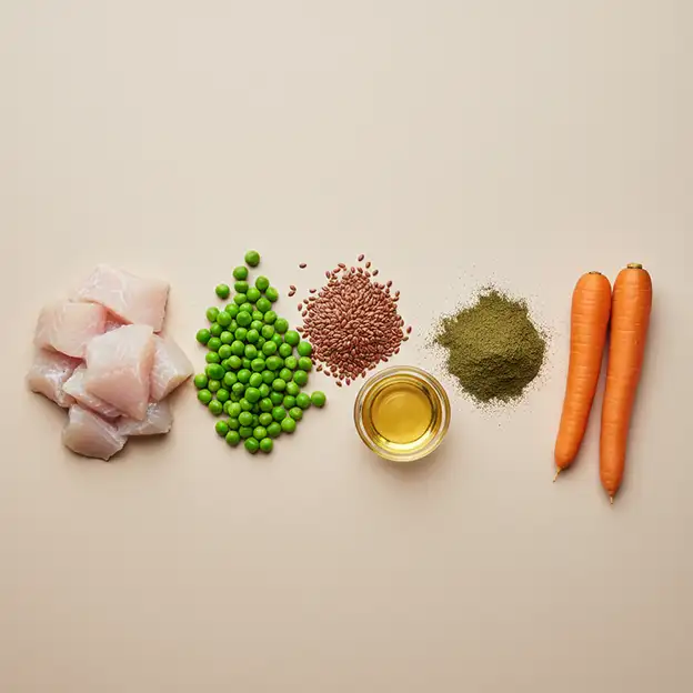 Fisch, Erbsen, Leinsamen, Öl, Kräuter und Karotten als Zutaten für hochwertiges HYPO Hundefutter.