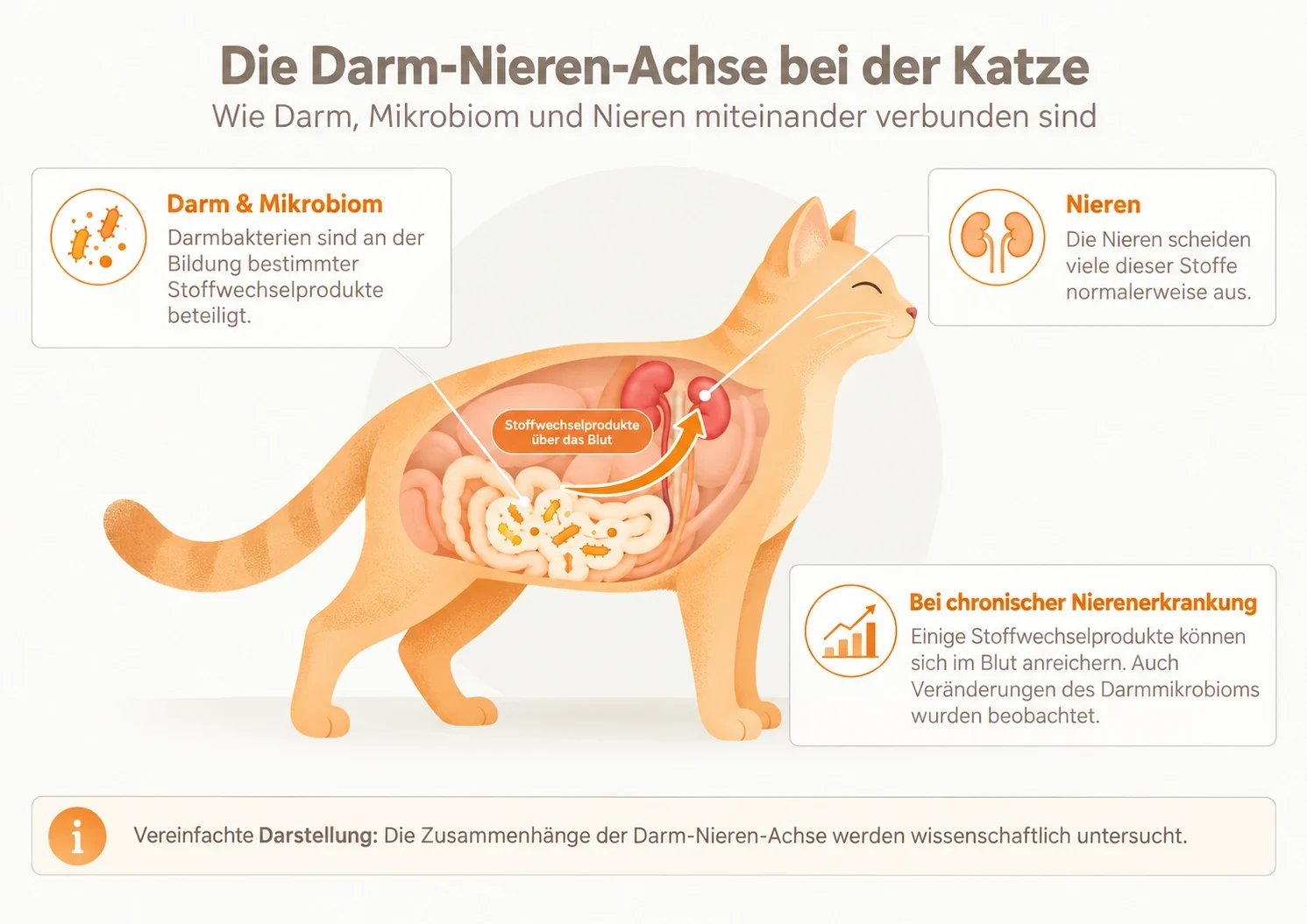 Infografik zur Darm-Nieren-Achse bei der Katze mit Darstellung von Darmmikrobiom, Stoffwechselprodukten und Nieren.