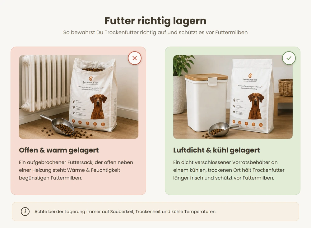 Infografik zur richtigen Lagerung von Trockenfutter für Hunde: luftdicht und kühl statt offen neben der Heizung.