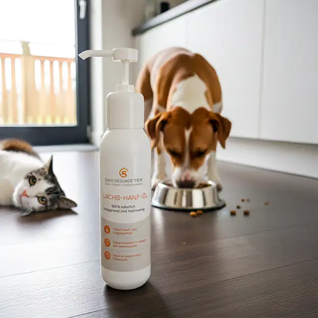 Pumpflasche mit Tiernahrungsergänzungsmittel, im Hintergrund frisst ein Hund aus einem Napf neben einer liegenden Katze