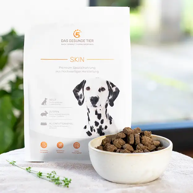 Packung SKIN Hundefutter neben einem Napf mit braunen extrudierten Futterstücken.