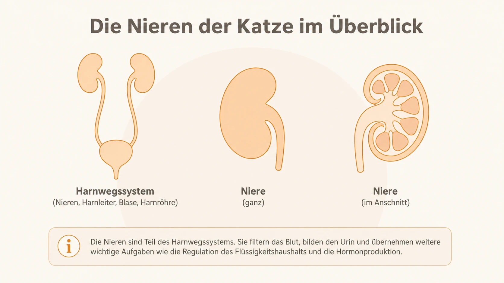 Infografik: Die Nieren der Katze im Überblick — Harnwegssystem, Niere ganz und im Anschnitt.