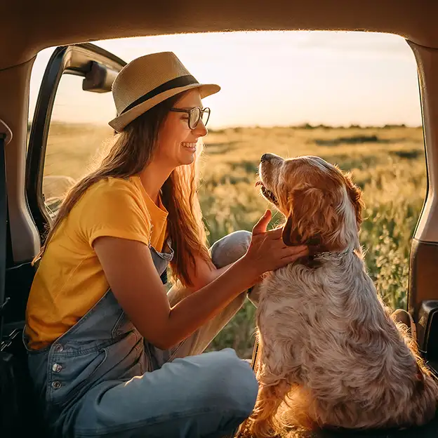 Halterin sitzt mit ihrem Hund im Auto und genießt einen Sommerurlaub mit Hund.