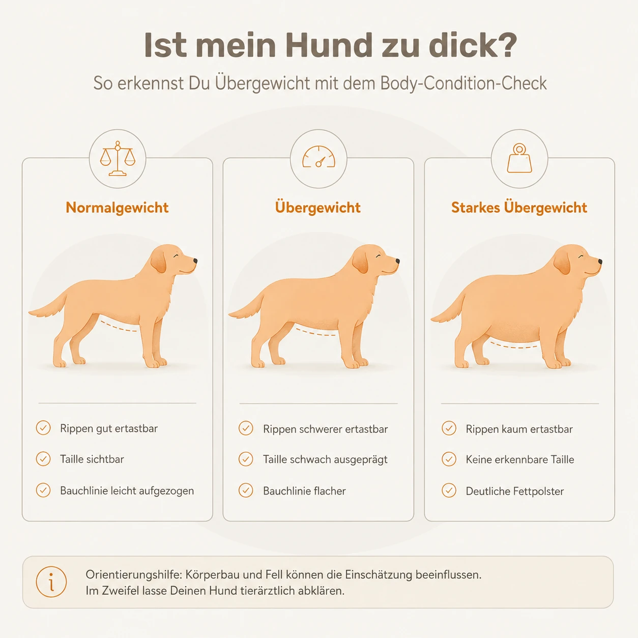 Body Condition Score beim Hund: Vergleich von Normalgewicht, Übergewicht und starkem Übergewicht anhand von Rippen, Taille und Bauchlinie