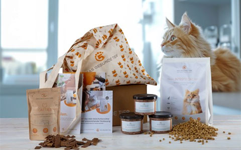 Produkte aus dem DGT-Katzenfutter Probierpaket stehen auf einem Tisch im Hintergrund eine orange-getigerte Katze.