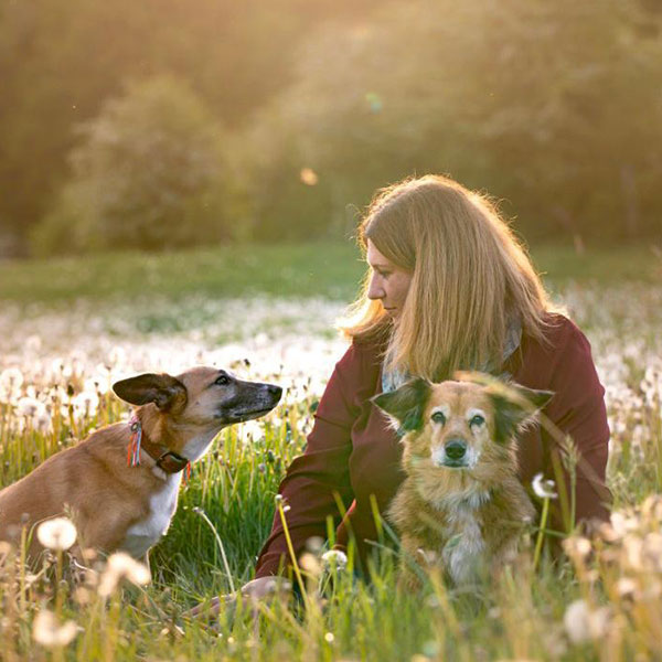 Frau sitzt mit zwei Hunden auf einer Blumenwiese.