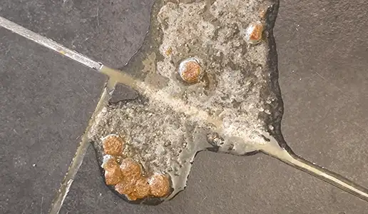 Unverdautes Trockenfutter in schleimig-schaumiger Flüssigkeit auf Fliesenboden erbrochen